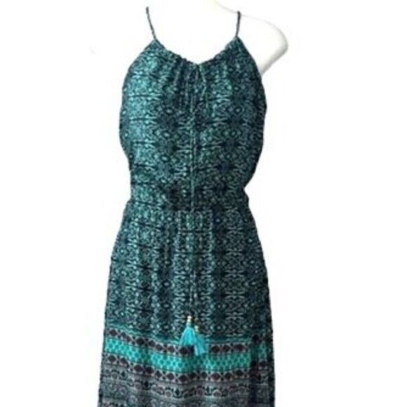 NWT Earthbound Womens Green & Purple Boho Printed Halter VCut Maxi Dress Medium - Picture 2 of 11